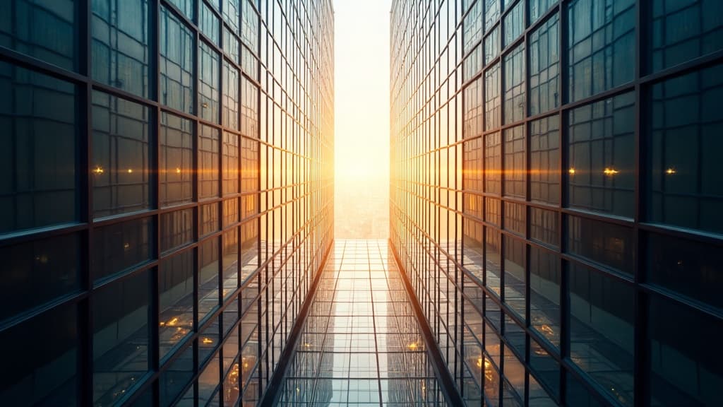Glass skyscraper atrium with golden sunlight, symbolizing growth