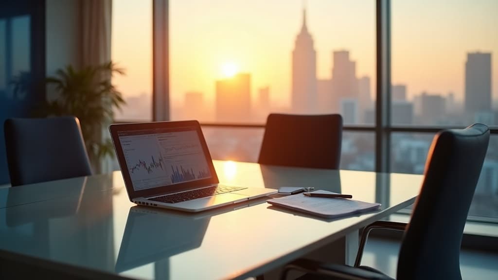 Modern financial advisory office at golden hour with city skyline